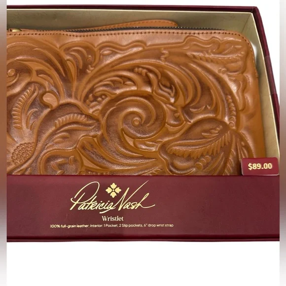 Patricia Nash Cassini Florence Wristlet NWT - Tooled Leather Brown - Picture 2 of 3